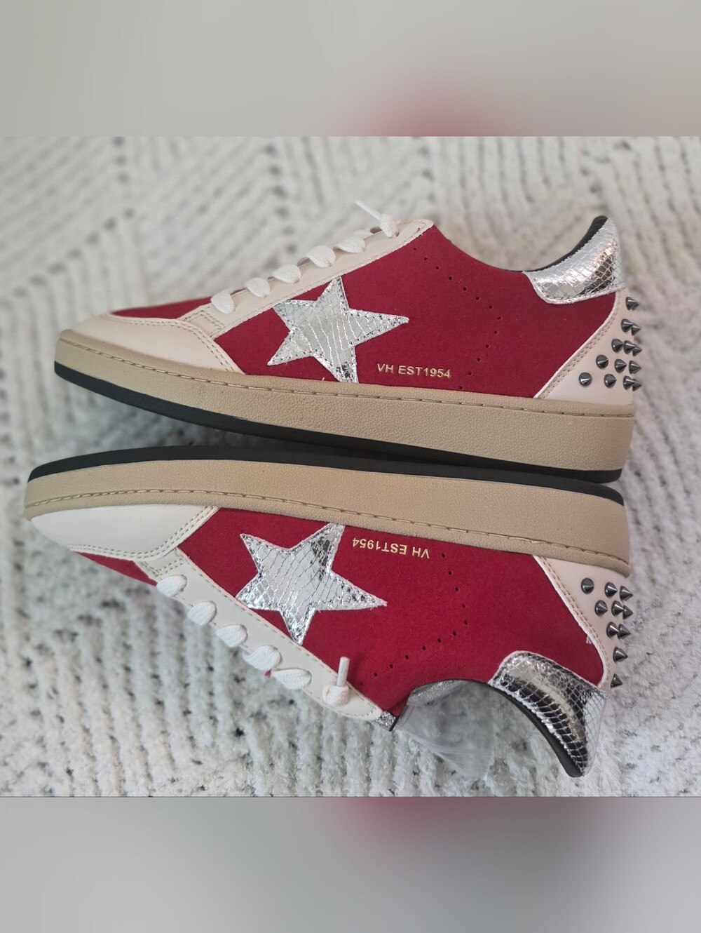 Vintage Havana Red Suede Sneakers with Silver Star & Heel